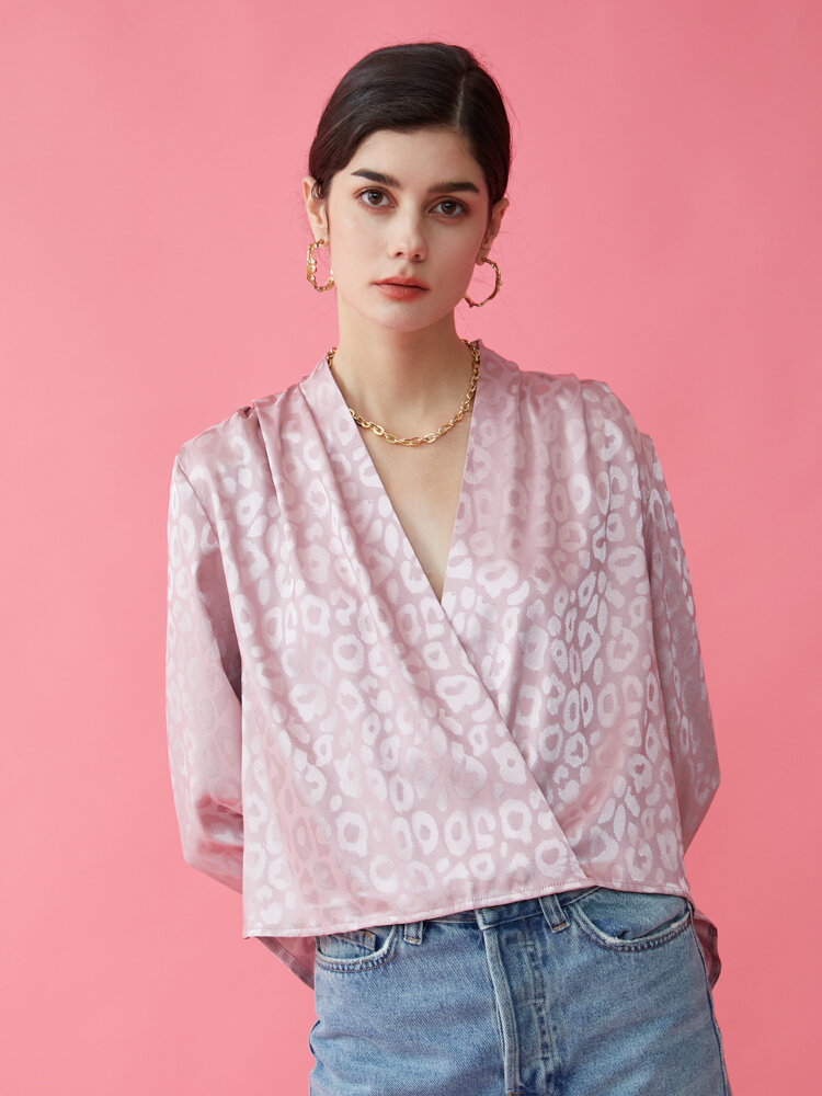 Pink Leopard Print V-neck Wrap Long Sleeve Blouse