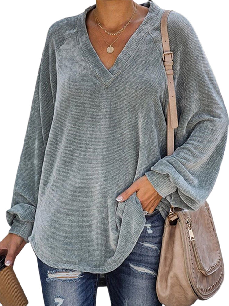 Loose V-neck Shirt Long-sleeved Solid Color Casual Blouse