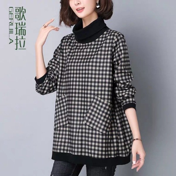 9605 Long-sleeved Bottoming Shirt Female Long Section New Large Size Loose Plaid Shirt High Collar T-shirt