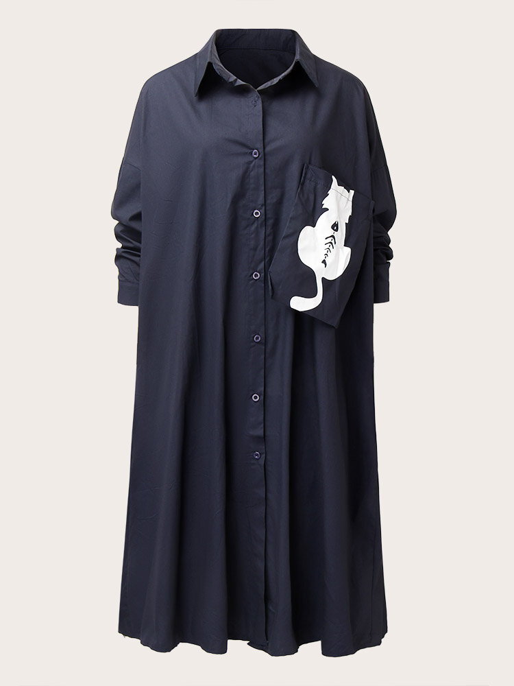 Plus Size Cat Pattern Lapel Collar Pocket Loose Shirt Dress
