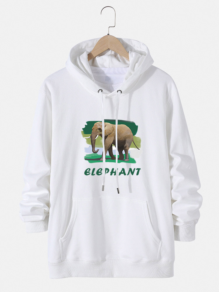 Mens Elephant Letter Graphic Cotton Drawstring Hoodies With Pouch Pocket