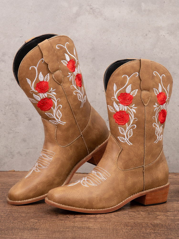 Large Size Women Retro Ethnic Comfy Square Toe Roses Embroidery Cowboy Boots