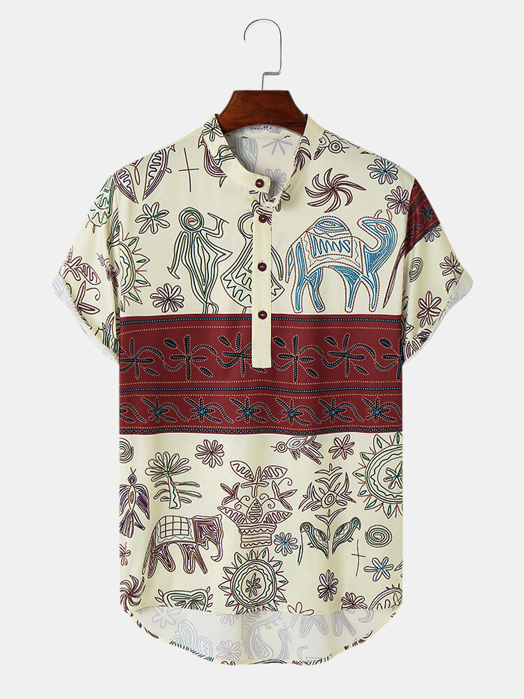 Mens Ethnic Floral Animal Print Short Sleeve Henley Shirts