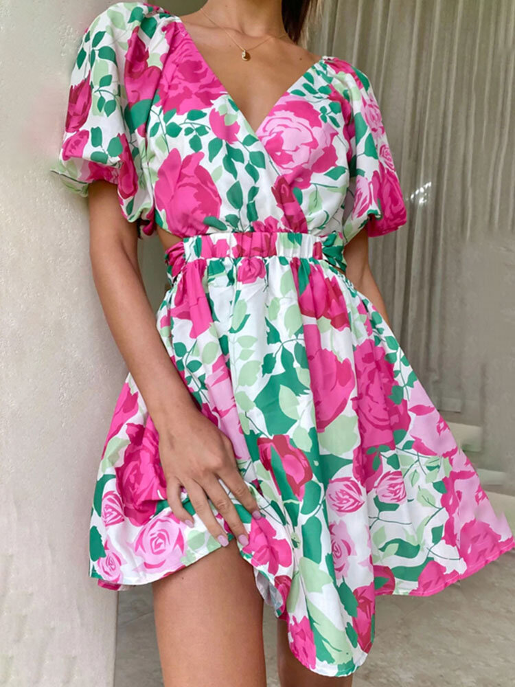 Flower Print Cut Out Button Knotted Short Sleeve Mini Dress