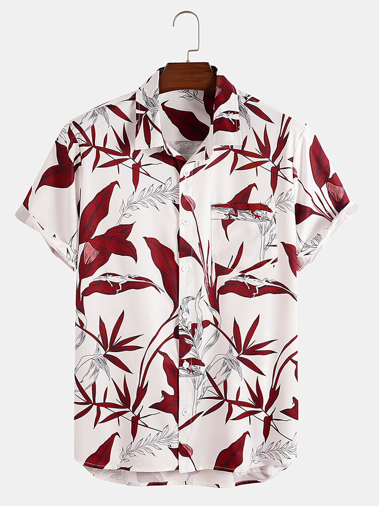 Mens Plant Leaf Print Button Up Holiday Short Sleeve Shirts