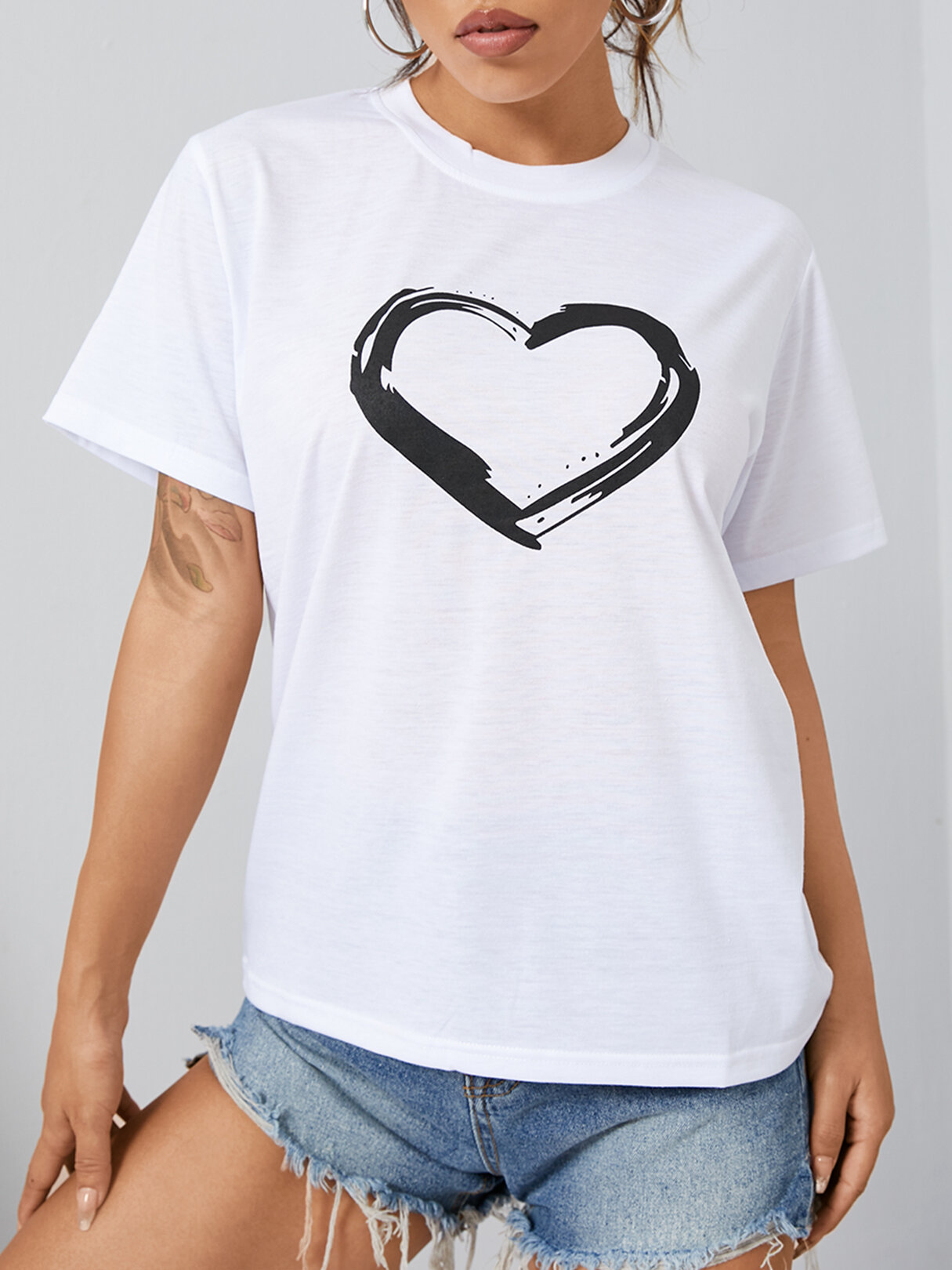 Casual Heart Print Crew Neck Short Sleeve T-shirt