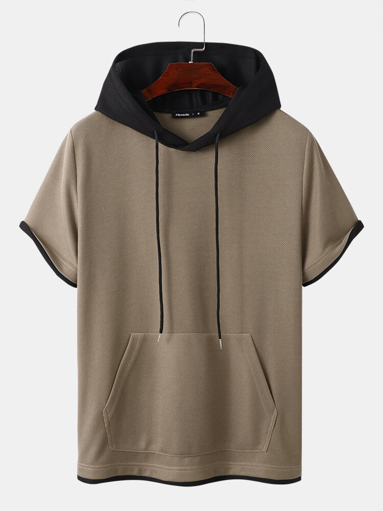 Mens Contrast Stitching Knit Short Sleeve Hooded T-Shirts With Pocket
