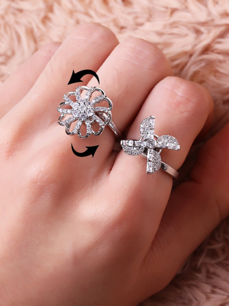 Dazzling Zirconia Flower Windmill Snowflake Charm Rotatable Fashion Silver Rings
