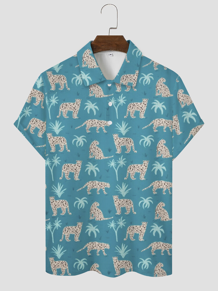 Men Leopard & Tree Print Funny Holiday Hyperelastic Leisure Polos Shirts