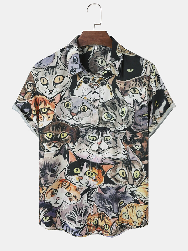 Mens All Over Cat Print Button Up Short Sleeve Shirts