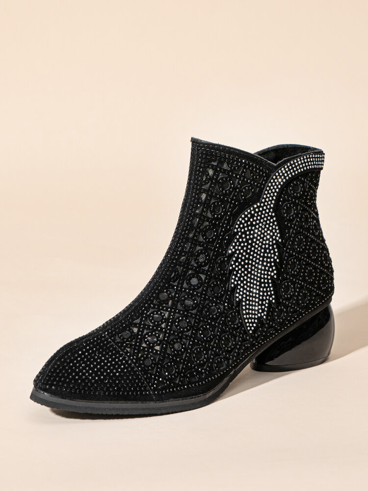Large Size Women Breathable Mesh Rhinestone Leaf Pattern Design Side Zip Chunky Heels Ankle Boots