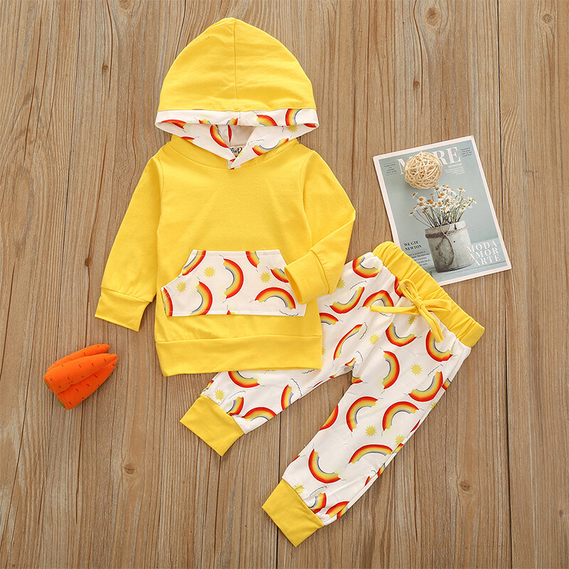 

Baby Rainbow Print Hooded Set For 6-24M, Yellow