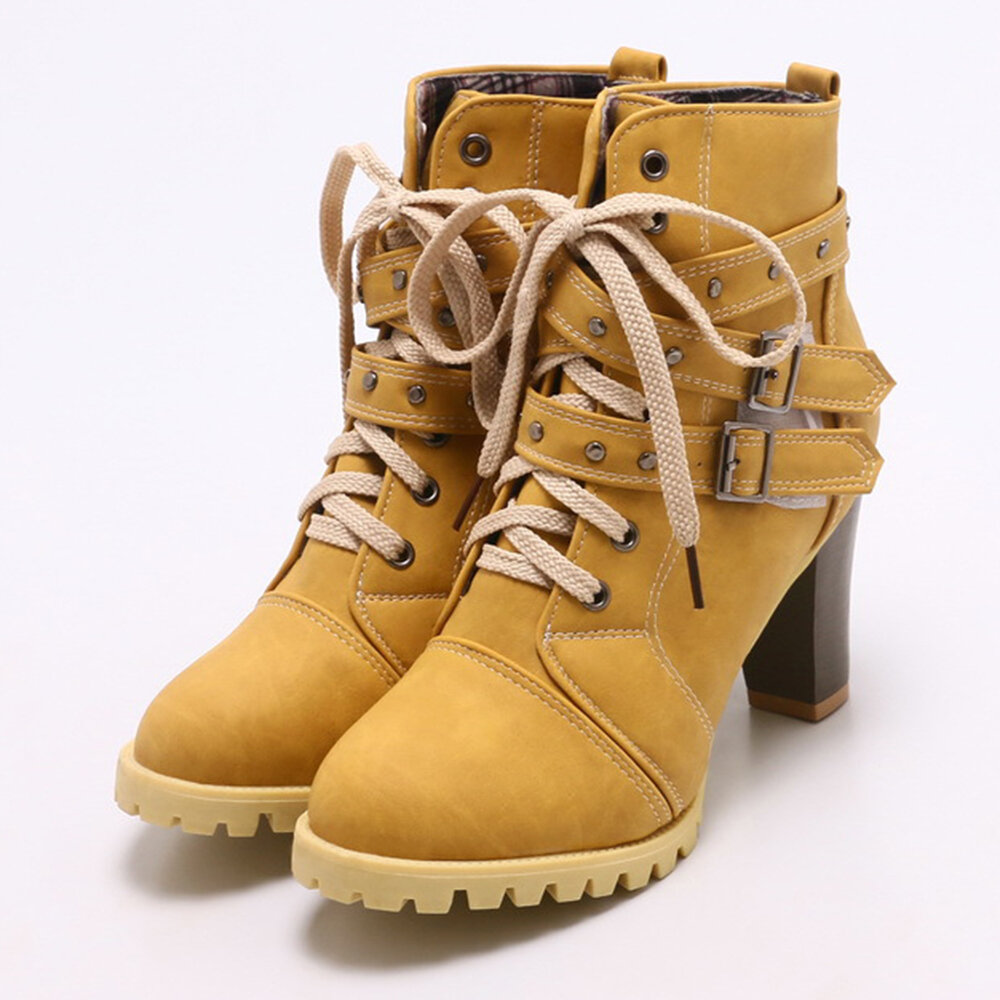 Block Heel Solid Color Buckle Lace Up Boots