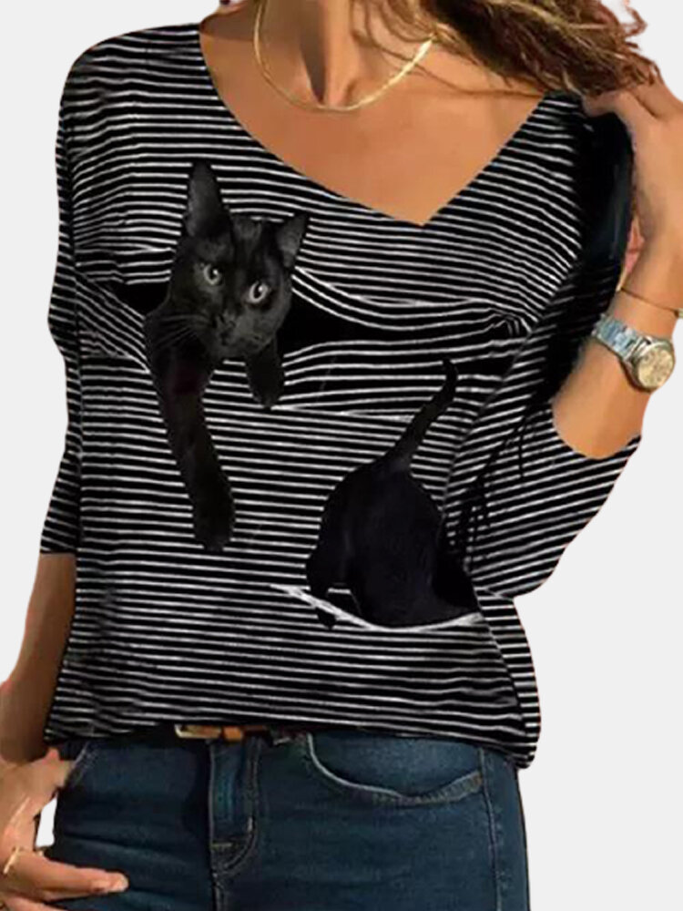 Cartoon Cat Striped V-neck Long Sleeve T-shirt