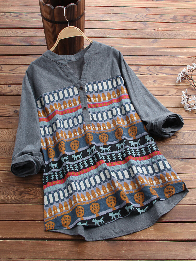 African Print Patchwork Long Sleeve Plus Size Shirt
