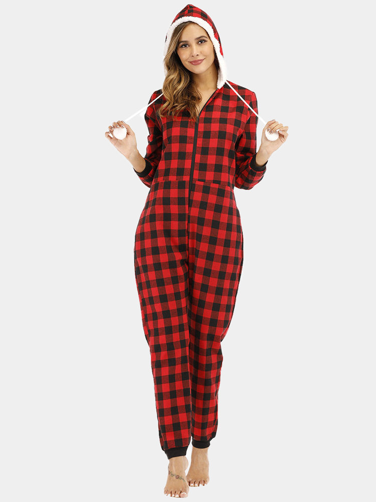 Plus Size Plaid Jumpsuits Women Pajamas Hooded Front Zipper Home Plush Sleepwear
