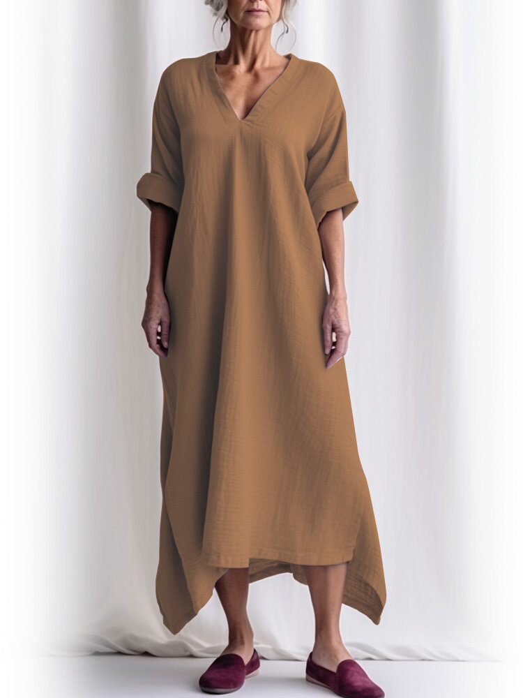 

Women Solid V-Neck Asymmetrical Hem Cotton Casual Dress, Brown