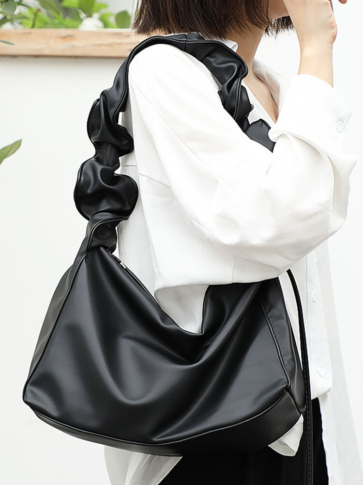 Women's Versatile Fold Handbag Simple Retro Solid Armpit Shoulder Bag Casual Fashion Soft Leather Messenger Bag