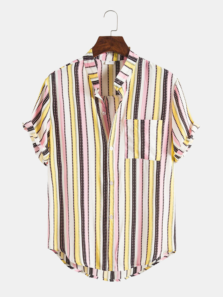 

Mens Hit Color Striped Chest Pocket Round Hem Short Sleeve Shirt, Yellow