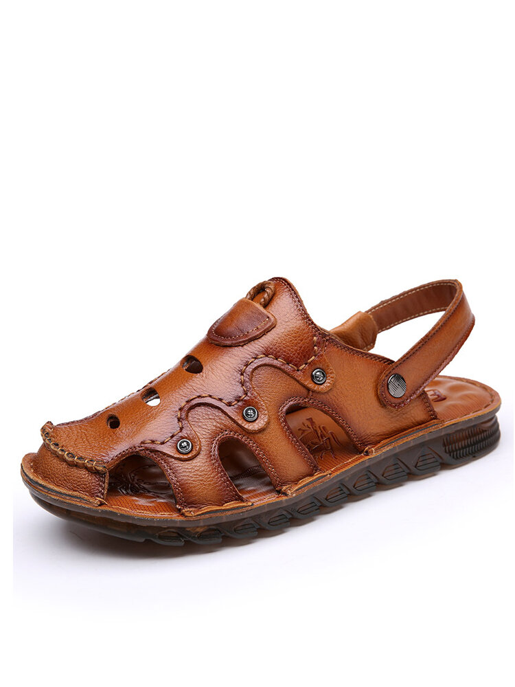 Men Cowhide Leather Soft Hard Wearing Beef Tendon Bottom Closed Toe Sandals