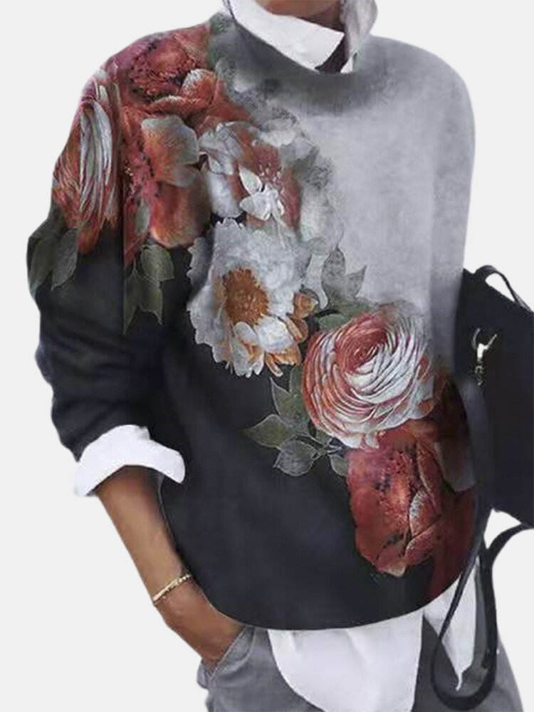 Ombre Calico Printed Long Sleeve O-neck Sweatshirt For Women