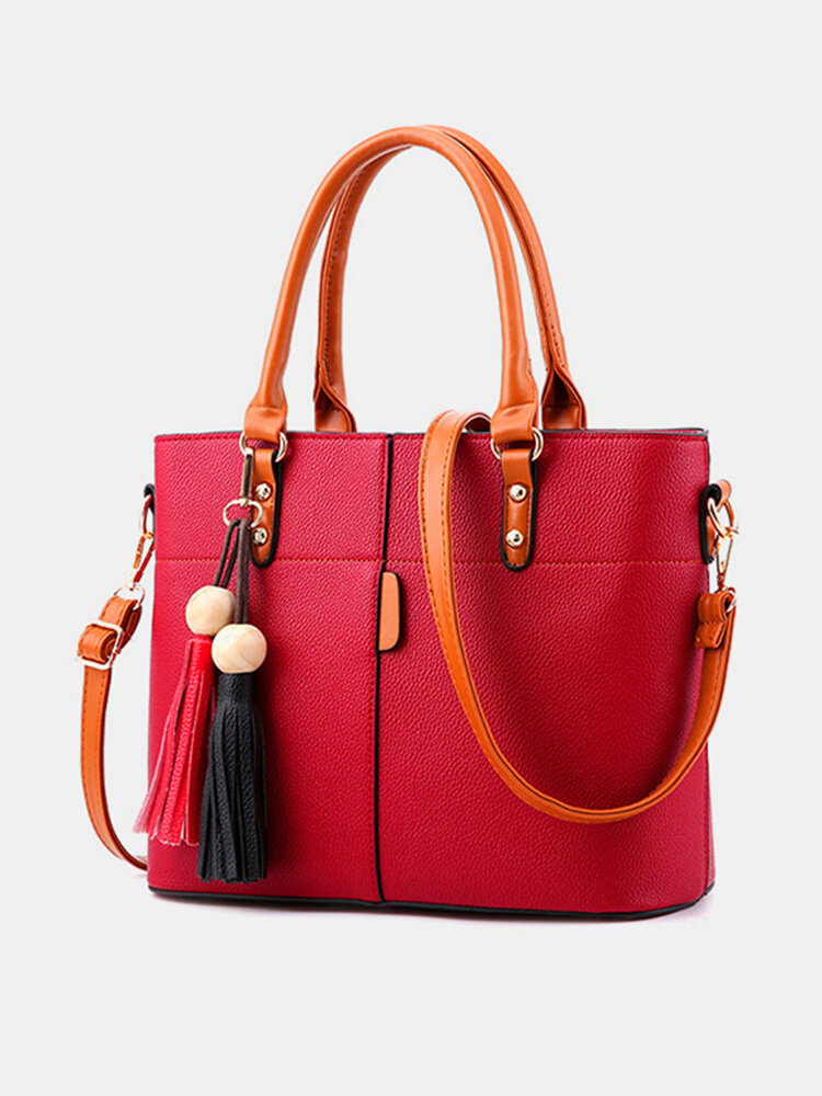 Women Solid Faux Leather Large Capacity Handbags Tassel Casual Crossbody Bags