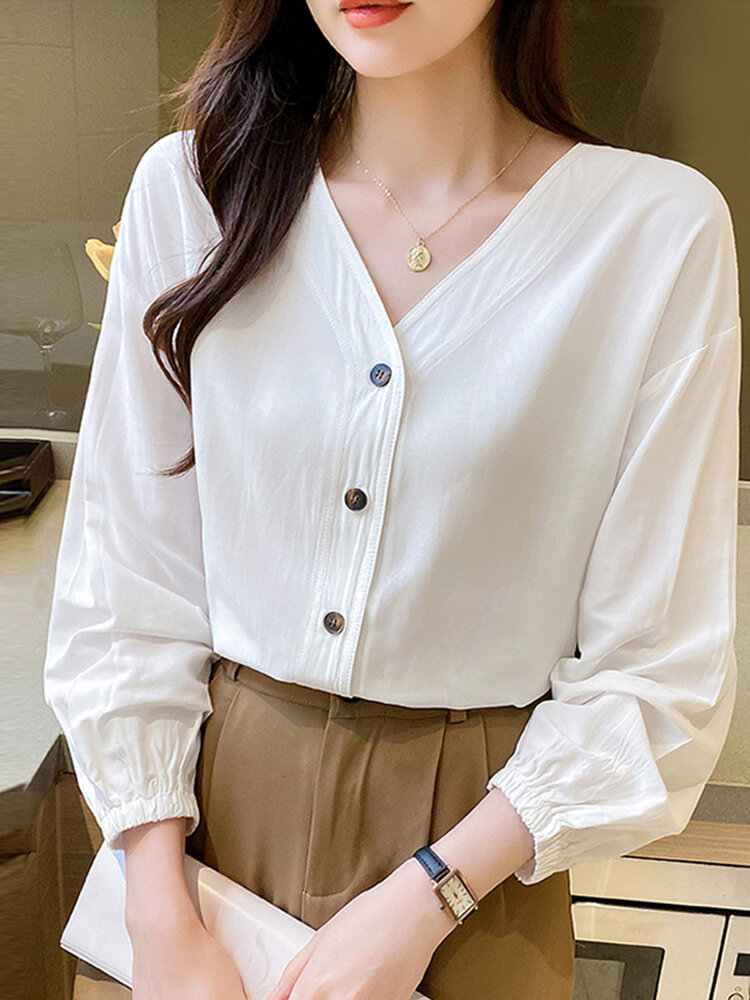 Solid Long Sleeve V-neck Button Front Blouse