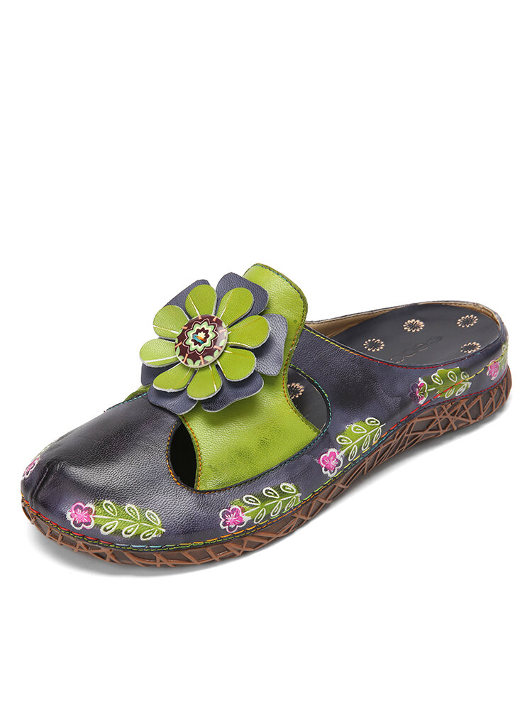 Socofy Genuine Leather Hand Made Retro Ethnic Floral Embellished Slip-On Comfortable Closed Toe Slippers