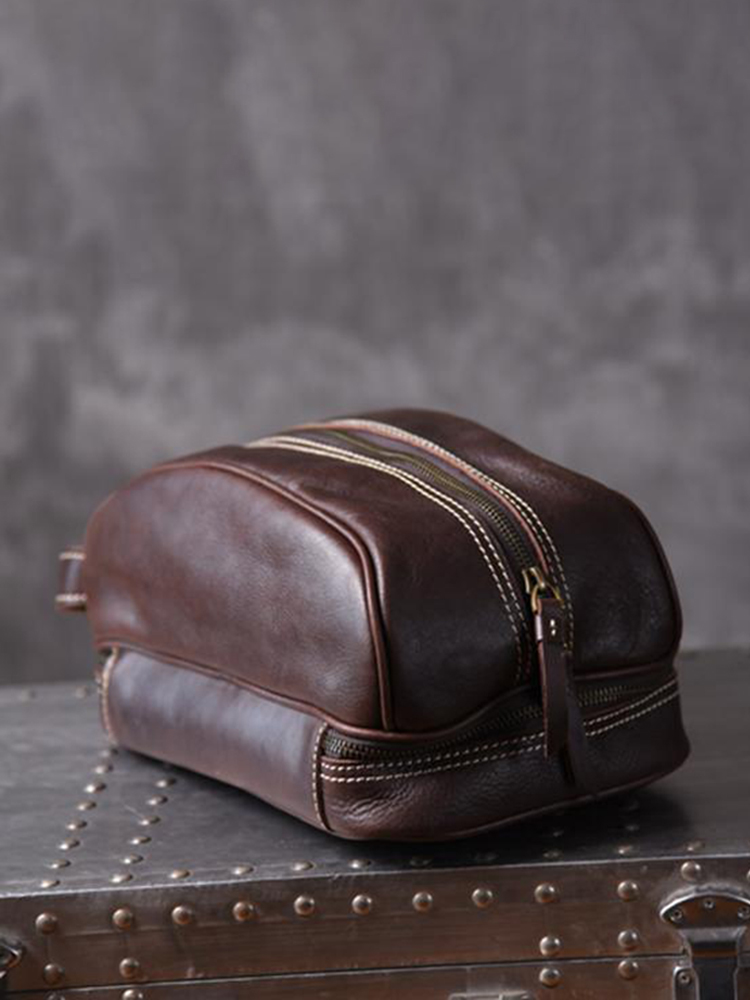 Ekphero Vintage Genuine Leather Clutch Bag Handmade Multifunction Cosmetic Bag For Men