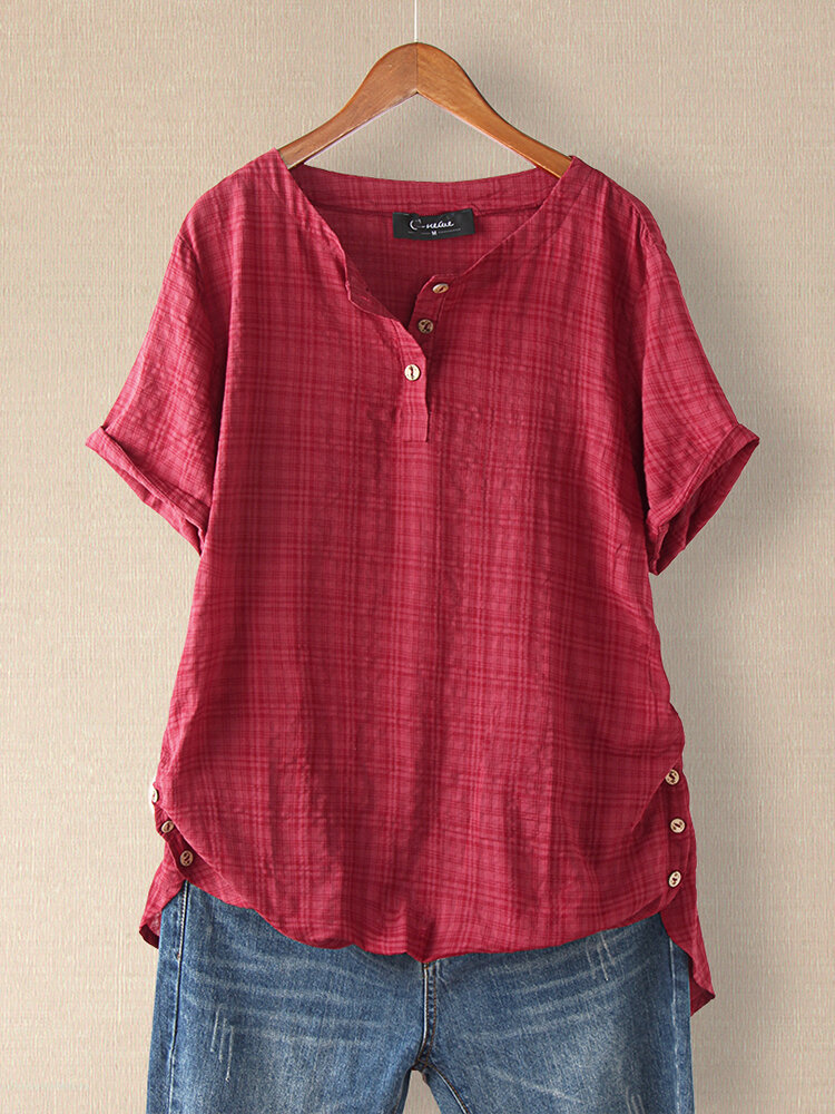 Casual Plaid Short Sleeve Irregular T-Shirt For Women