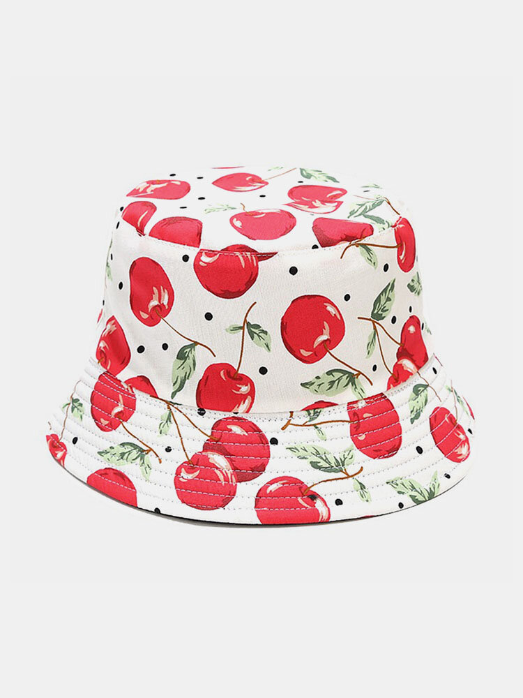 Unisex Cotton Cartoon Cherry Pattern Print Double-sided Wearable Fashion Sun Protection Bucket Hat