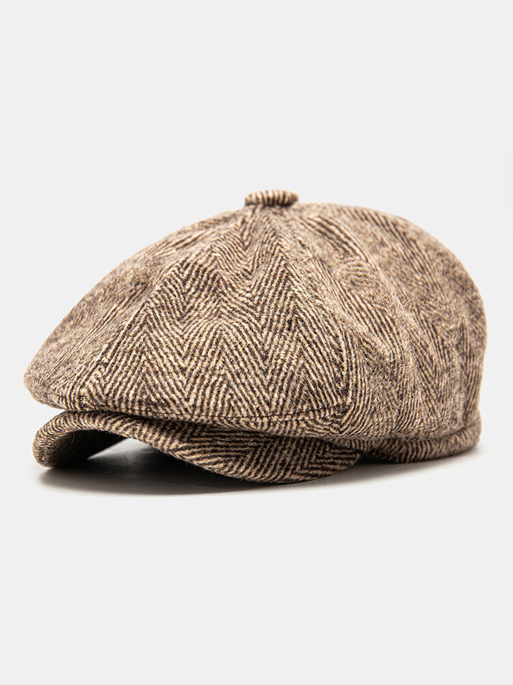 Men Cotton Woolen Cloth Solid Herringbone Striped Pattern British Newsboy Hat Octagonal Hat Beret Flat Cap
