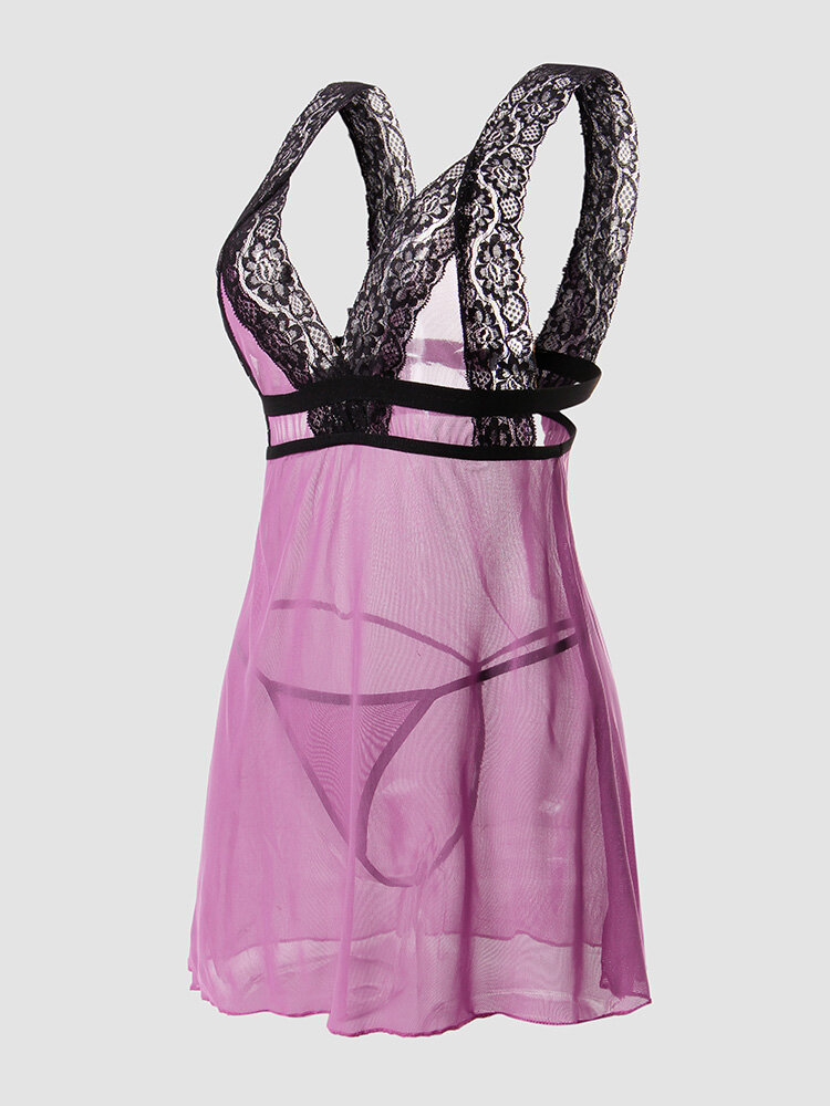 Sexy Floral Lace Trim Mesh See Through Wide Straps Breathable Nightgown