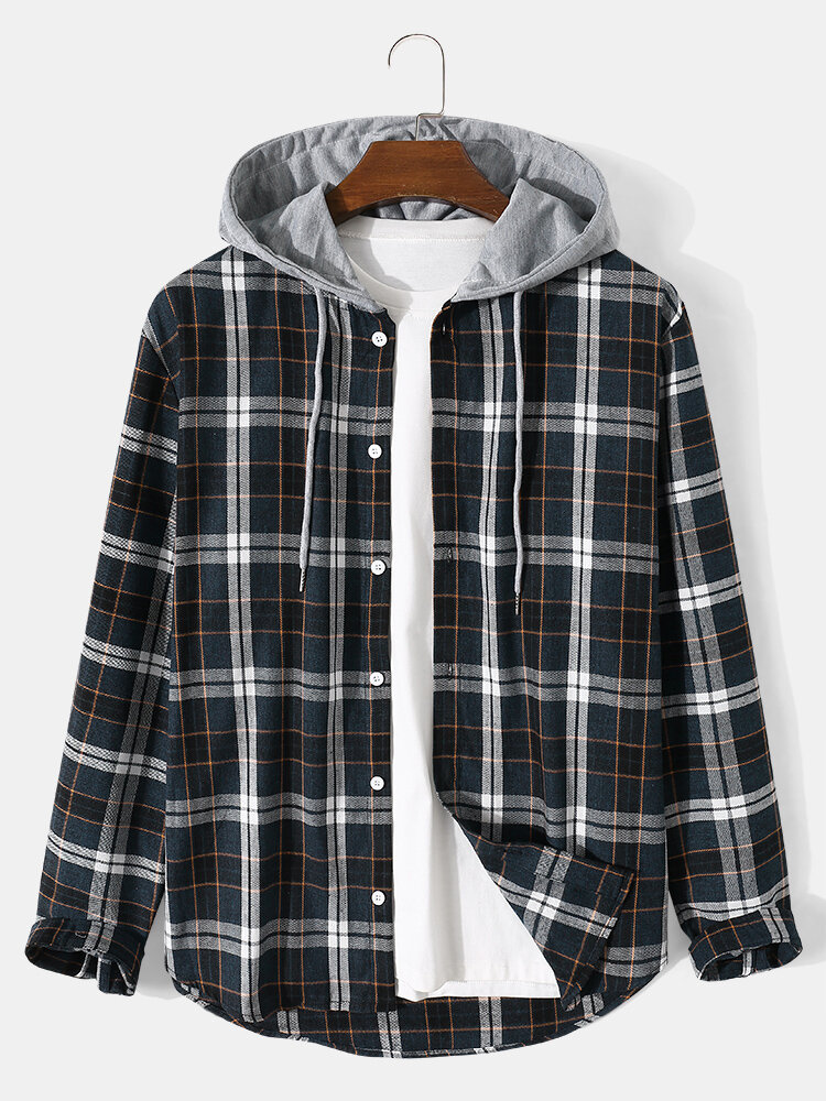 Mens Plaid Button Up Long Sleeve Casual Hooded Shirts