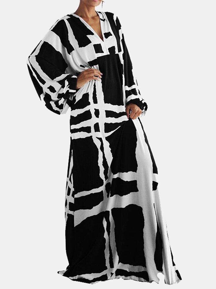 Contrast Color Print Long Sleeve V-neck Maxi Dress For Women