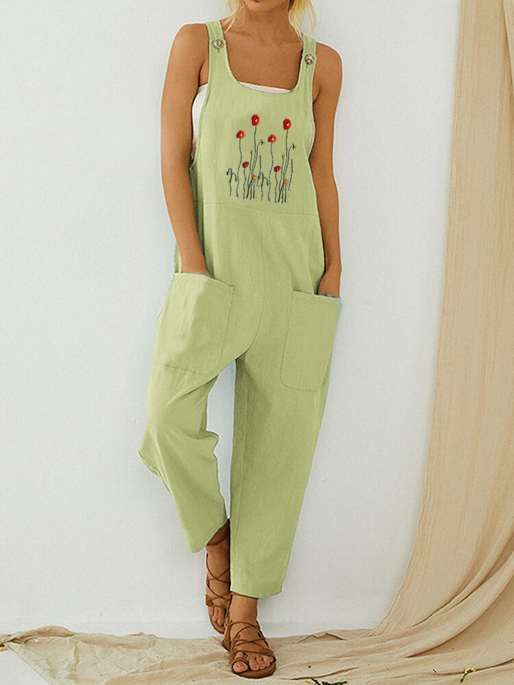 Flower Embroidered Straps Casual Jumpsuit For Women