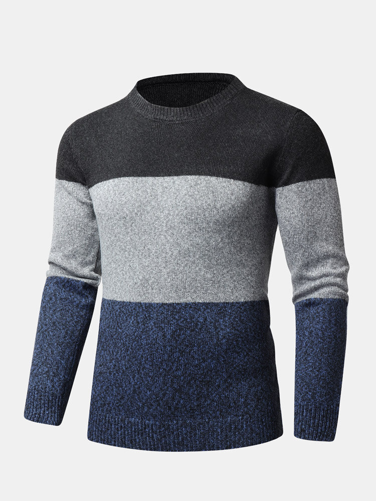 Mens Color Block Patchwork Crew Neck Knit Casual Pullover Sweaters