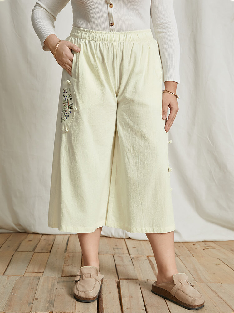 Plus Size Embroidered Elastic Waist Pocket Wide-leg Pants