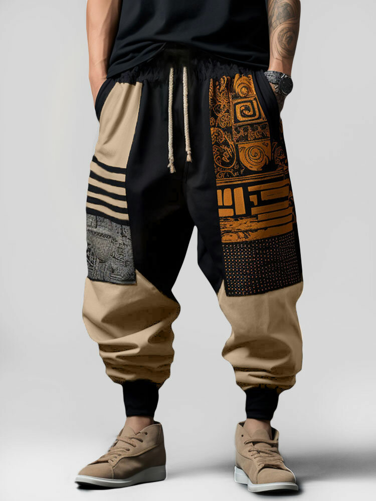 Pantalon ample à motif géométrique vintage pour hommes, patchwork à la taille avec cordon de serrage