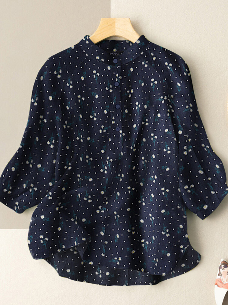 Floral Print Button Stand Collar 3/4 Sleeve Blouse For Women