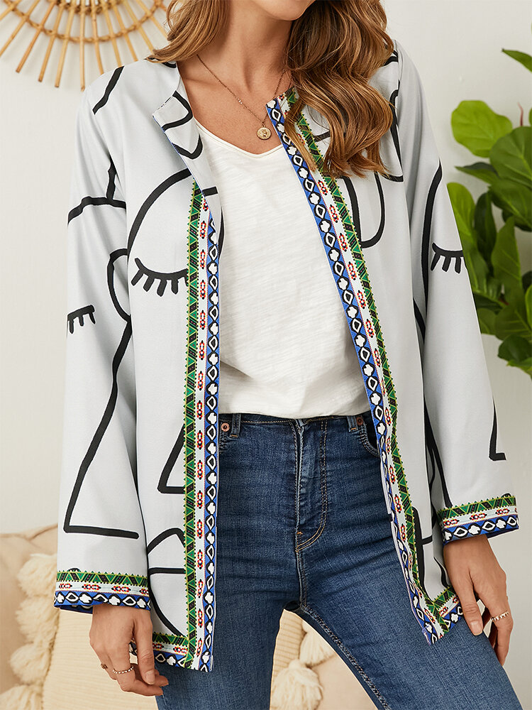 Tribal Abstract Pattern Print Pocket O-neck Long Sleeve Jacket