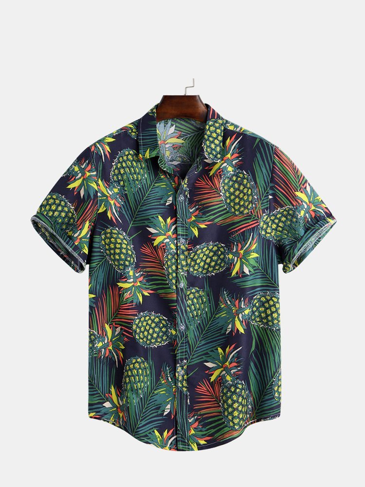 Mens Summer Tropical Fruit Print Turn Down Collar Short Sleeve Loose Casual Shirts