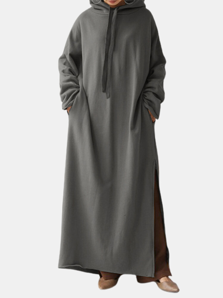 Solid Color Slit Hem Long Sleeve Casual Long Hoodie Dress With Pocket