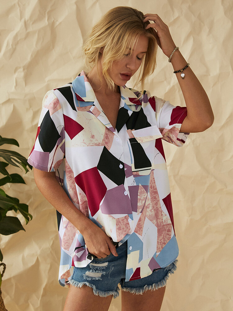 Geometric Patchwork Printed Lapel Shirt With Pocket