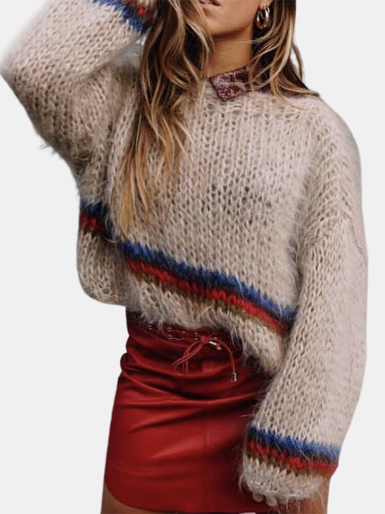 Striped Patchwork O-neck Long Sleeve Sweater