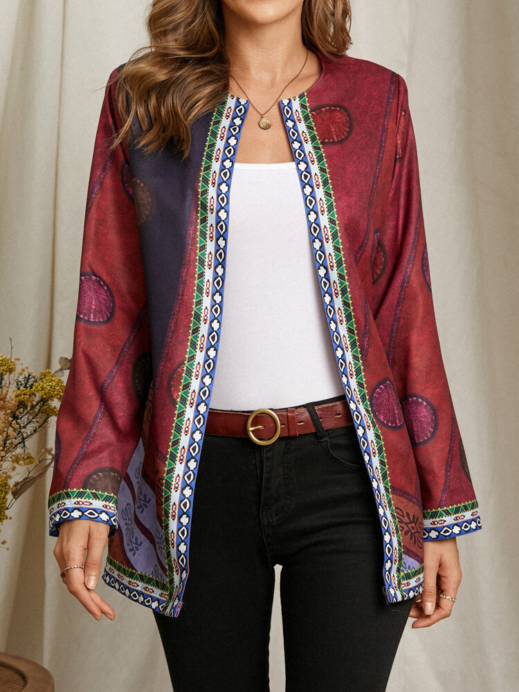 Pocket Long Sleeve Tribal Pattern Vintage Jacket for Women