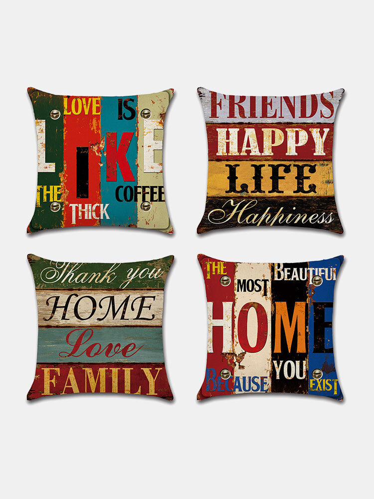 4 Pcs Vintage Mediterranean Hand-Painted Letters Cushion Cover Linen Throw Pillow Car Home Decoration Decorative Pillowcase