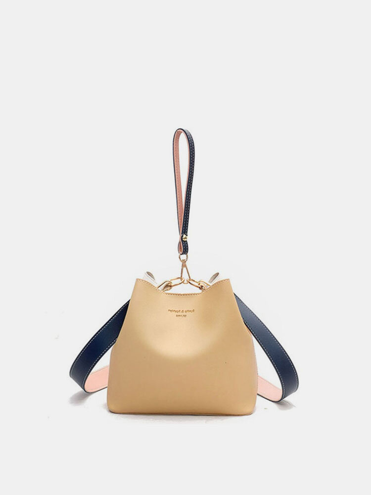 Women Contrast Bucket Bag PU Leather Casual Handbag Leisure Crossbody Bag