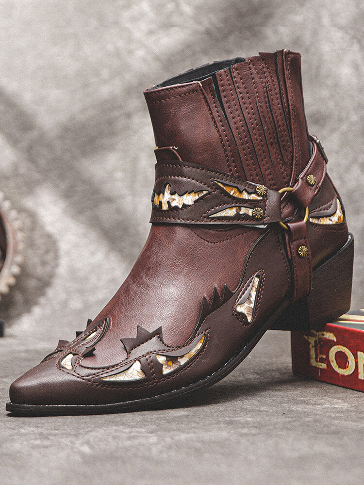 

Men Western Retro Pointed Toe Block Heel Cowboy Harness Boots, Black;coffee;brown;red