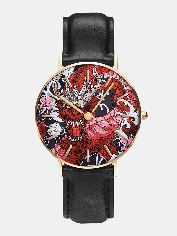 2 Colors Alloy PU Men Vintage Cartoon Soaring Dragon Print Dial Watch Decorated Pointer Quartz Watch